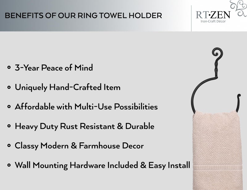 RTZEN Wrought Iron Hand Towel Holder - Matte Black Towel Ring for Bathroom or Kitchen - Farmhouse, Vintage, Rust Resistant, Easy to Install, Hand-Forged Decorative Rustic Bathroom Decor - Image 3